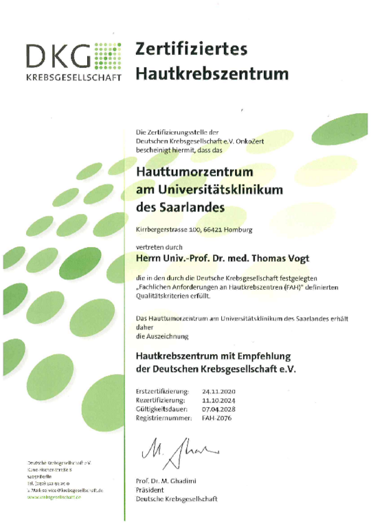 Zertifikat Hauttumorzentrum